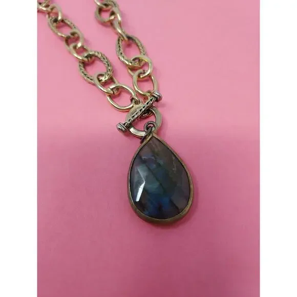 Labradorite Charm on Ralph Lauren Old Gold Chain Necklace VTG "RL" on Toggle End - Picture 4 of 9